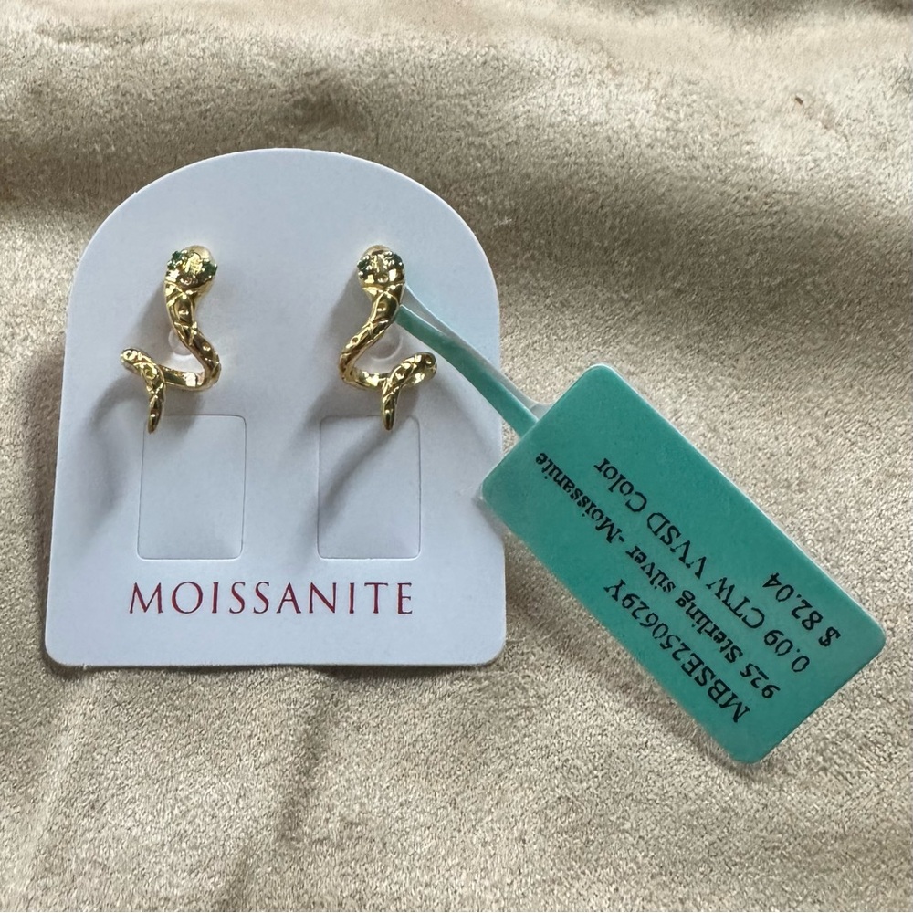 Gold Snake Earrings with Green Moissanite Eye Gem